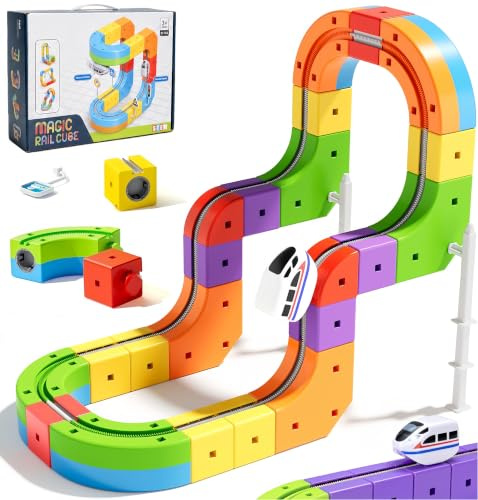 Purova Clickrail Electric Train Set, Bausteine Schienen Set mit Elektro Drehbahn Zug, BAU Spielzeug Zugschienen, 3D Einbausystem & Motorwagen (51 Teile Set + 1 Schienenlok)