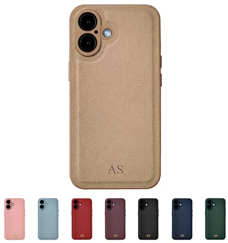 Tirita Personalisierte Handyhülle für iPhone 17 Hülle - Handyhülle Selbst Gestalten aus Veganem Leder & Initialen Personalisieren - Geschecke für Frauen & Männer - Beige, Ohne Gold