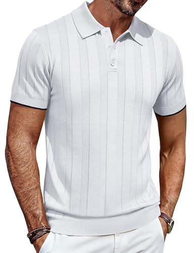 COOFANDY Polo Hombre Manga Corta de Punto Camisetas Verano Casuales Polo de Golf Regular Fit Tshirt Basicas Blanco L