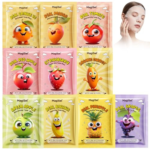 Ansiktsmasker set, tygmasker ansikte, kollagen tygmasker ansikte, naturlig fukt ansiktsmask för tonåringar, barn & kvinnor, fuktmask ansikte, för alla hudtyper, 10 stycken