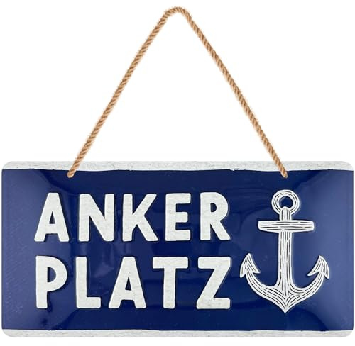 LANOLU retro Blechschild, Ankerplatz Schild mit Jutekordel, maritime Deko für Garten Balkon Strandkorb, Moin Deko Ostsee Souvenir, geprägt und gestanzt, 16x32 cm