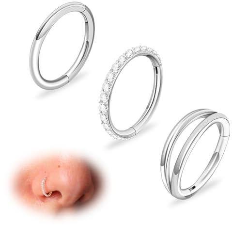 18G 3Pcs Nose Rings Hoop Studs Surgical Steel Septum Ring Tragus Cartilage Clicker CZ Small Gold Silver Double Nose Ring Nose Hypoallergenic Nose Body Piercing Jewelry for Women Men (Silver)