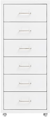 Arkivskåp med hjul vit metall 28 x 41 x 69 cm, 6 lådor, rullcontainer, kontor, förvaring, hängande gistration, lådskåp, multifunktionsskåp, arkivskåp
