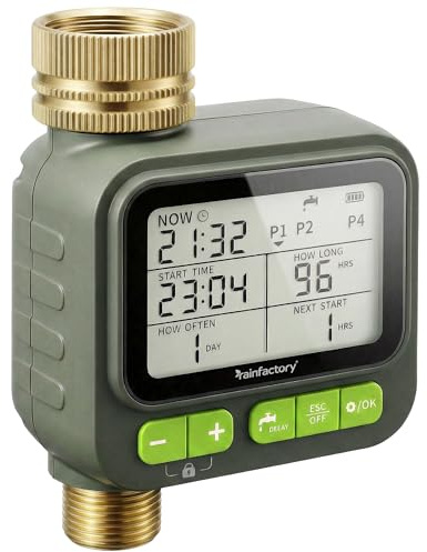 rainfactory - Programador de riego automático 1 Salida, Temporizador riego a Pilas IP65 con Pantalla LCD, 4 programas, Manual, función delay, conexión ¾ para jardín, balcón, macetas, riego por Goteo