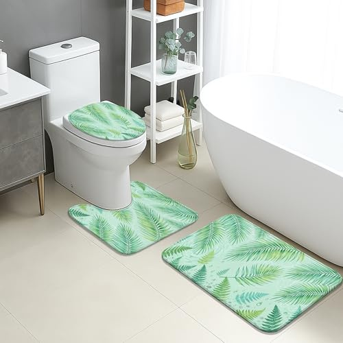 Badematte, tropisches Blatt, schnell trocknend, von der Natur inspirierte Farne, saugfähig, rutschfest, Sommerdekorativ, Flanell, waschbar, Badteppiche für Badezimmer, WC, WC, 3-teiliges Set