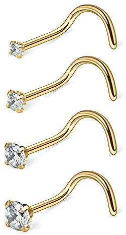 Ruifan 4PCS 18G 316L Surgical Steel 1.5mm 2mm 2.5mm 3mm Clear Round Diamond Cubic Zirconia Crystal Nose Screw Studs Rings Piercing Jewelry - Gold