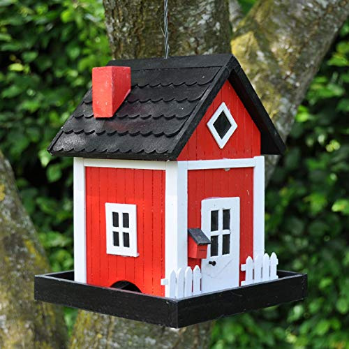 VOSS.garden Dänisches Futterhaus Skagen in Rot, zum Aufhängen, Schwedenhaus-Design, Wetterbeständig, Vogelhaus Vogelfutterspender Vogelfutterstation Vogelhäuschen