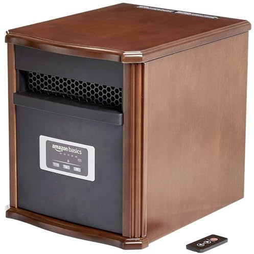 Amazon Basics Portable Space Heater with Remote Control, Adjustable Thermostat, Indoor Use, Energy-Saving Setting, LED Display, Classic Wood Casing, 1500W, 12D x 13W x 16H, Brown