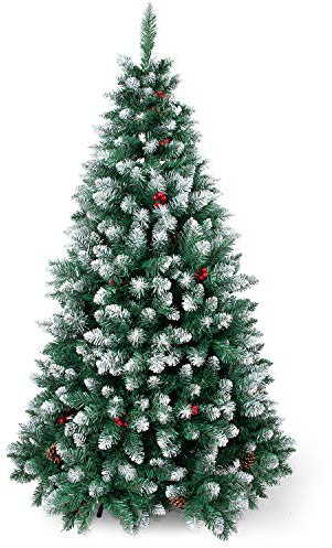 Sunjas Weihnachtsbaum künstlich, 120/150/180/210 cm Tannenbaum mit Schnee-Effekt, mit Tannenzapfen und rote Beere Deko, beschneiten Spitzen und Kunsttanne, inkl. Metallständer (120cm)