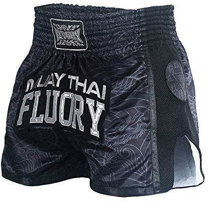 FLUORY Muay Thai Shorts, reißfeste Box-Shorts, MMA Fight Kick Kleidung für Männer Frauen Kinder Kampfsport Training Grappling-Schwarz-mtsf69-XS