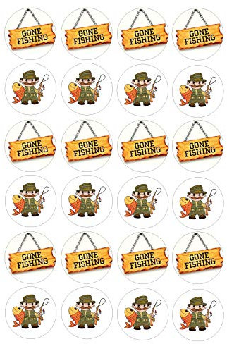 cdb 24 Fishing Edible Iced / Icing Cupcake Topper Fairy Cake Bun Toppers Round