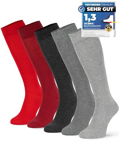 OCERA 5 Paar Kniestrümpfe für Damen & Herren (unisex) in Rot-Grau-Mix 39/42