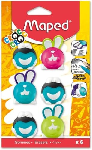 Maped – Juego de 6 gomas de cocodrilo de rana y conejo – Borrador que borra diferentes tipos de tintas y lápices, borrador divertido para los niños