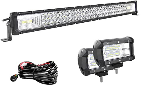 Willpower Barra LED 4x4 32 405W 6000K + Focos LED Tractor 5 12V 24V | Barra Luz LED 81CM + 2X Focos de Trabajo LED 13CM + Cableado, Largo Alcance, Blanco 6000K, para Coche Camion Barco Quad