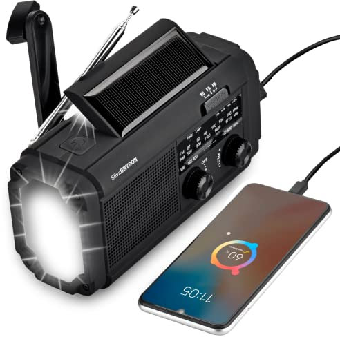 SilvaBRYSON Radio di emergenza meteorologica, 4000 mAh, manovella solare portatile NOAA/AM/FM radio meteo con torcia a 3 modalità e lampada da lettura, power bank, caricabatterie per telefono