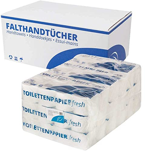 Sparpaket „Waschraum“ - Toilettenpapier, 3-lagig, Zellstoff, 250 Blatt, 72 Rollen, Falthandtücher, Z-Falz, 2-lagig, 25x23cm, Zellstoff, 3200 Blatt