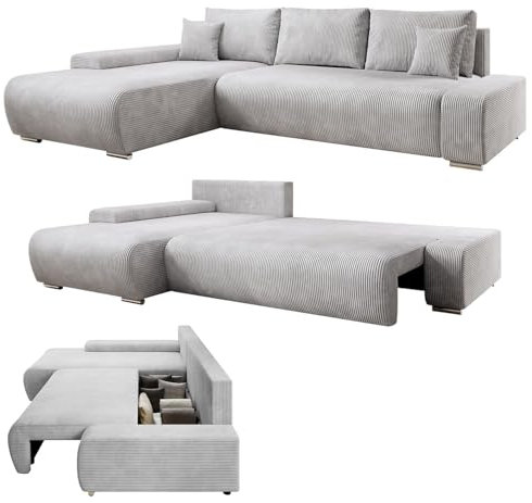 Juskys Sofa Iseo Links mit Schlaffunktion - Stoff Couch L Form für Wohnzimmer, bequem, ausziehbar - Schlafsofa Ecksofa Eckcouch Schlafcouch Hellgrau