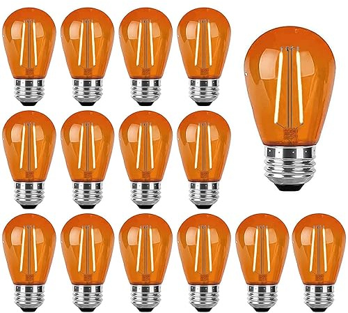15 Pack Orange LED Bulb S14 Replacement LED Light Bulbs 2W Plastic Shatterproof LED Night Bulb E26 Base Orange String Lights Waterproof Vintage Bulb for Halloween Christmas Wedding Party Patio, Orange