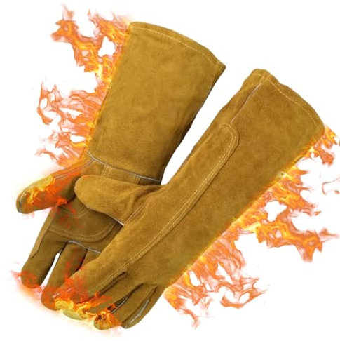 Cimvidi Guantes para chimenea, resistentes al fuego, para barbacoa, para hombre, de piel y soldador, resistentes al calor (marrón),GS00078