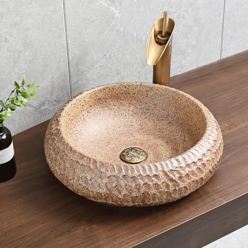 Ceramic Bathroom Vessel Sink Natural Stone-like 17.72 Round Washbowl Countertop Art Basin Sink with Pop-Up Drain for Bathroom Lavatory Vanity Hotel Dressing Room (Brown)