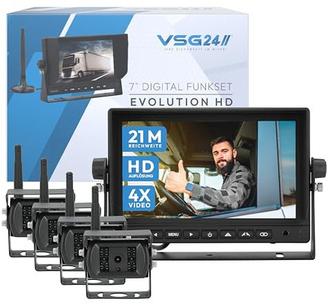VSG24 9“ Evolution HD XL Funk Rückfahrsystem für Wohnmobil & LKW, KFZ Set kabellos inkl. 4X Rückfahrkamera + Monitor, einfach zum DIY Nachrüsten 12V-24V, Kamera digital, Auto Rückspiegel Einparkhilfe