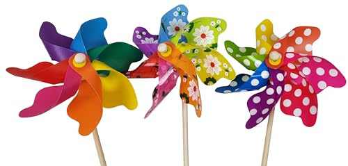 3 Stück buntes Windrad Windmühle mit Holzstab Windräder Set 55 cm