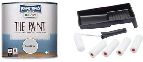 Johnstone's Revive - Tile Paint - Pale Grey - Upcycling Paint - Gloss Finish - 750 ml & Fit for The Job 7 pc Foam Mini Paint Roller Set for Painting with Gloss & Satin, Small Roller