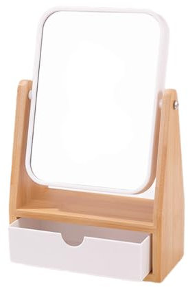 Eleganter Tischspiegel mit Bambusrahmen, runder Schublade, Arbeitsplatte, Schminktisch, Kosmetik-Make-up