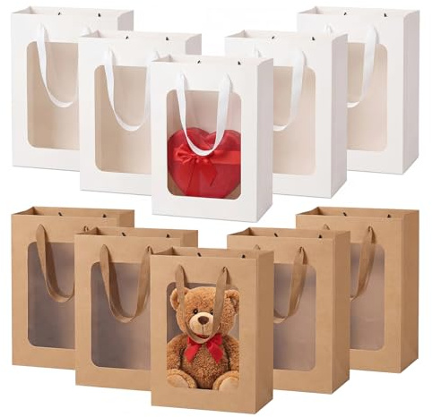 Kleine Geschenktüten mit Fenster Papiertüten mit Henkel 10 Stück Weiße und Braune Kraftpapiertüten TUIOLUI Tüten für Einkaufen, Hochzeiten, Verpackungen, Geburtstag, Weihnachten 15X10X20 cm