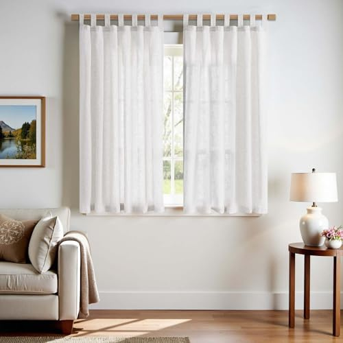 TOPICK Gardinen mit Schlaufen Leinenoptik Vorhänge 2er Set H145xB140 Weiß | Lichtdurchlässig Gardine Wohnzimmer boho landhausstil blickdicht Vorhänge Schlafzimmer Curtains Living Room schlaufengardinen
