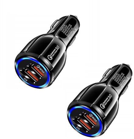 GADIRIA Pack de 2 Cargadores de Mechero del Coche 2 Puertos USB Quick Charge 3.0 30W – Carga Rápida y Segura para Dispositivos - Retroiluminación LED.