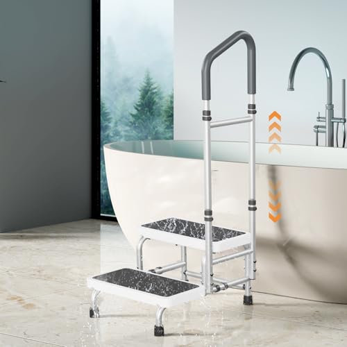 2 Step Stool with Handle & Non-Skid Platform, Adjustable Handrail Step Stool for Elderly, Adults, Lightweight Bed Step Foot Stool for Kitchen, Bedside, RV, Bathtub,Supports 400 lbs (White)