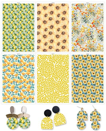 BAOFALI 12Sheets Sunflower, Lemon, Flowers Transfer Paper for Polymer Clay, Yellow Series 6 Different Background Print Polymer Clay Transfer Paper for DIY Art Jewelry Earrings Making 5.82X3.93 inch