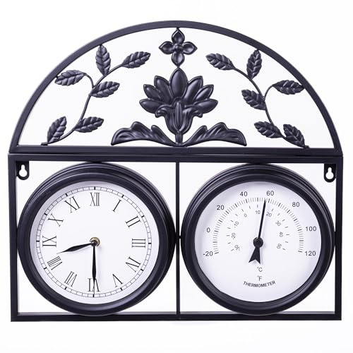 Highgrove Garden Wall Clock & Thermometer, Weatherproof Outdoor Clock, Powder Coated Steel, Classic Floral Design, Durable Weather Resistant, Black or Cream (Sleek Black)
