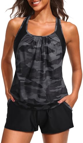 Daci Camo Tankini Swimsuits for Women - 2026 Tummy Control Two Piece Bathing Suit with Sporty Pockets Shorts Blouson Swimwear L