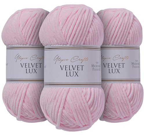 Utopia Crafts Velvet Lux Chenille supermjukt tjockt garn för stickning och virkning garn 3 x 100 g (rosa svan)