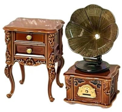 Alnicov Grammophone miniature à l'échelle 1:12 avec boîtier, modèle de platine rétro avec 3 chansons, pour scène de diorama et décoration de bureau