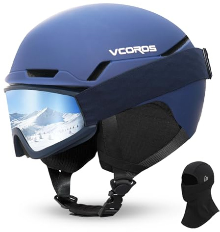 Casco da Sci con Occhiali da Sci Passamontagna Casco Sci per Uomo Donna con Cuscinetti Auricolari Rimovibili Ventilazione UV Ski Helmet per Ski (Blu Opaco+Occhiali da Sci + Passamontagna, L)