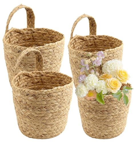 CHIHEUNG 4PCS Wall Hanging Basket, Water Hyacinth Hanging Storage Baskets, Woven Wall Storage Baskets Farmhouse Decor For Kitchen Vegetables, Living Room Remotes, Porch Flower Display