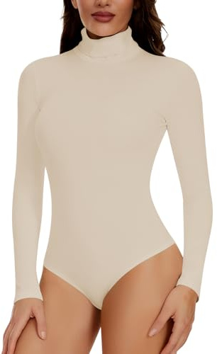 Joyshaper Dam body långärmad elegant bodysuit ståkrage topp blus långärmad body långärmad tröja overaller skjorta långärmad toppar, Beige, XXL