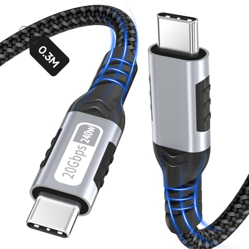 Zestiq Cable USB-C a USB-C 0,3M, Cable de Transferencia de Datos Tipo C 20Gbps, Carga Rápida PD 240W, Vídeo 4K@60Hz Compatible con Thunderbolt 3/4, MacBook, iPad Pro, Samsung S24/S23, SSD, Monitor