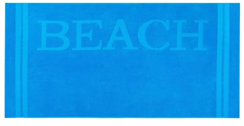 ZOLLNER Strandtuch in türkis - kuscheliges und saugstarkes Handtuch in 100x200 cm - waschbar bis 60°C - Baumwolle - mit modernem Schriftzug und Bordüren - Oeko Tex® Zertifiziert