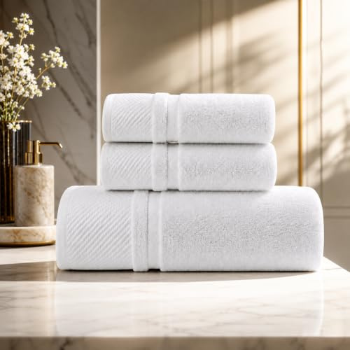 Set BOSALONI HOME Asciugamani Bagno 3 Pz – Composto da 1x Asciugamano Viso 50x100 cm + 2x Asciugamani Bidet 34x74 cm, Cotone 100% Morbido e Ultra Assorbente – Doccia, Viso (Bianco)