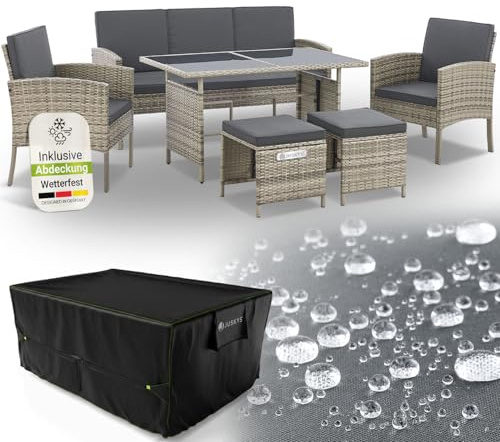 Juskys® Polyrattan Gartenmöbel Sitzgruppe Turin Set 6 teilig inkl. Abdeckung - 7 Personen - Outdoor Möbel mit Sessel, Hocker, Tisch & Kissen - Garten Loungemöbel grau-meliert