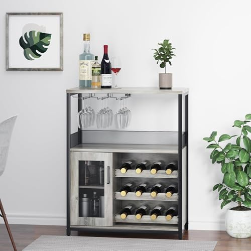 Industrial Wine Rack Cabinet with Wine Glass Holder, Drinks Cabinet with Storage Door, Adjustable Shelves, Metal Frame Wine Storage Sideboard for Living Room, Kitchen, Dining Room, 69 x 35 x 92 cm