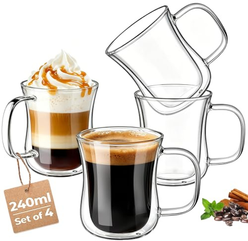 ecooe 4-pack dubbelväggiga kaffekoppar i glas, 240 ml cappuccino, dryckeskoppar, klara latte macchiato-glas, kaffemuggar med handtag, borsilikatglas, koppar för kaffe, cappuccino, te, mjölk, juice