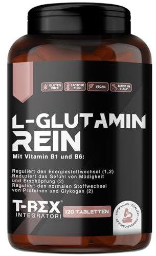 L-Glutammina Pura | Stimola aumento GH ormone della crescita | Diminuisce fatica post allenamento | Integratore di Glutamina Amminoacido Made in Italy | 120 compresse T-Rex Integratori