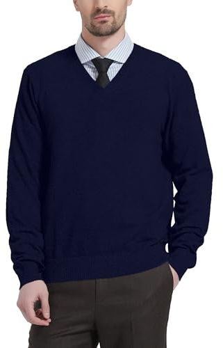 Kallspin Men's Wool Blend V-Neck Sweater Relax Fit Knit Pullover (Navy Blue, Large)