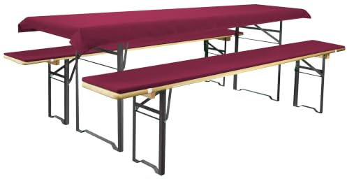 Brandsseller Auflagenset für Bierzeltgarnituren 3-teilig 2 Bankauflagen gepolstert 220x25 cm und 1 Tischdecke 240x70 cm für alle gängigen Festzeltgarnituren Bierbankauflagen Outdoor - Beere