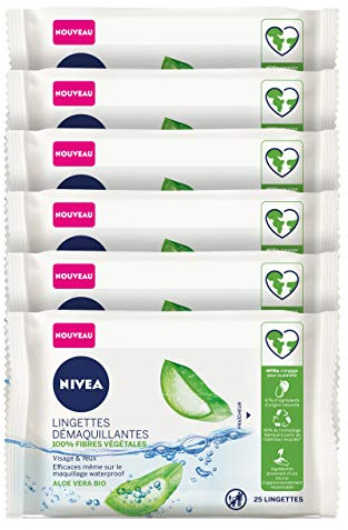 NIVEA Aloe Vera 100% Pflanzenfasern Make-up Entferner (6 x 25 Stk), Gesichts-Entferner für alle Hauttypen, biologisch abbaubare Reinigungstücher - 150 Stück